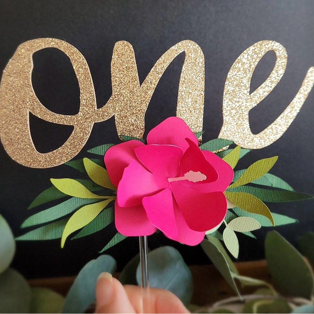 Cake Topper One Year Old Gold and Pink Floral Party Decoration